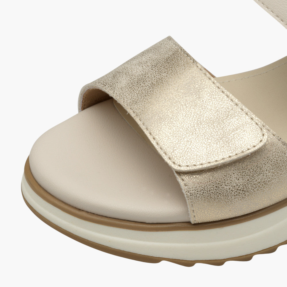 s.Oliver Women’s Velcro Wedge Sandal – Champagne with Buckle Detail