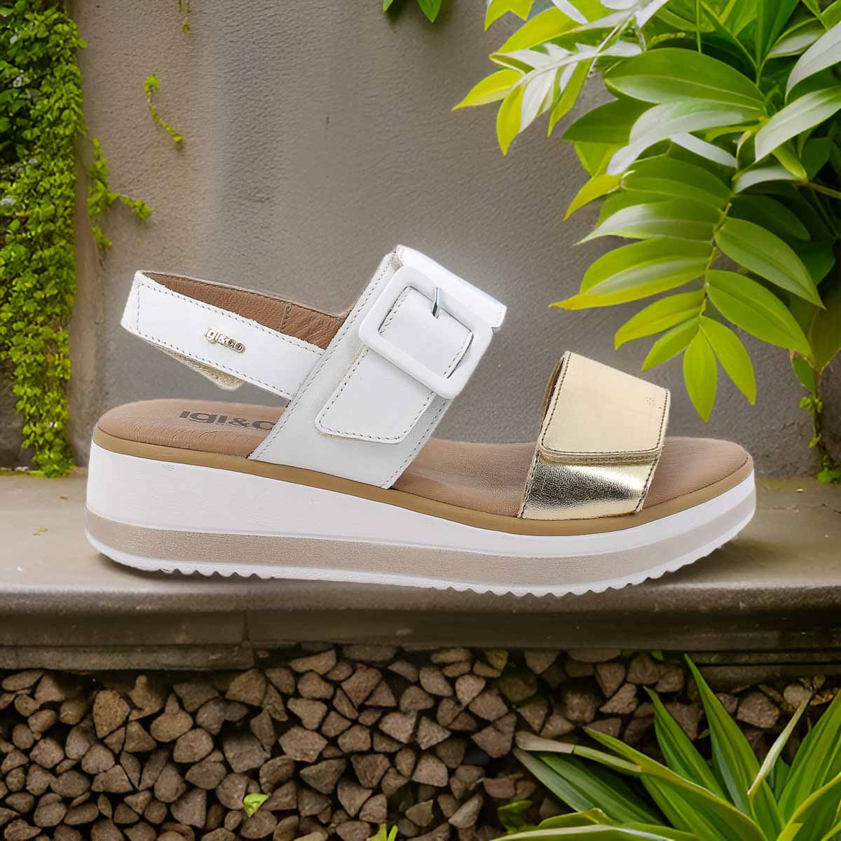 IGI & Co Fresh White & Reflective Gold Summer Sandals with Memory Foam