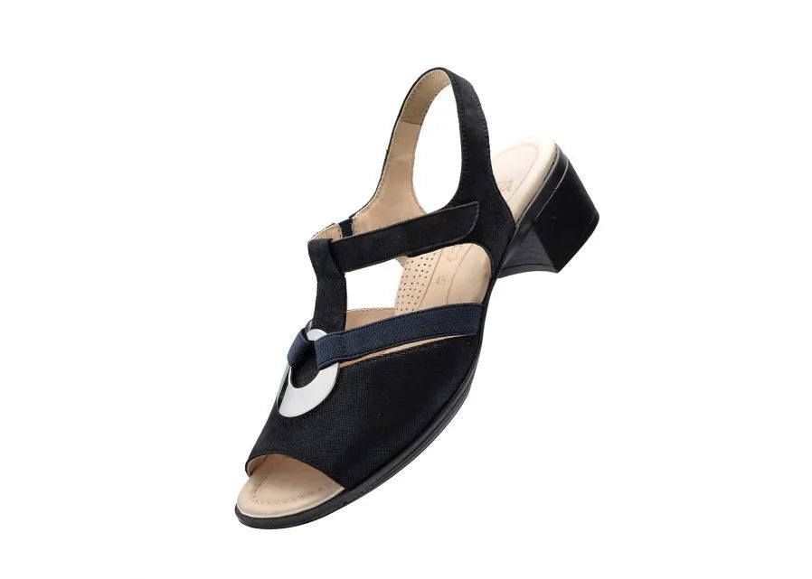 Ara Navy Sandals with Block Heel and Silver Detail - Leavys Shoes