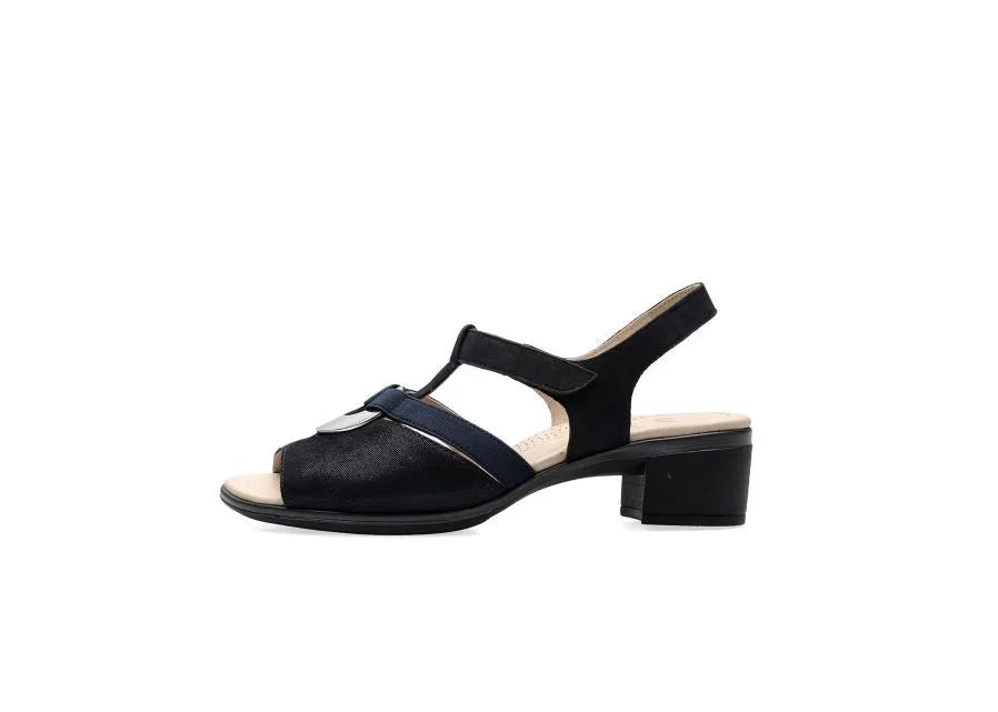 Ara Navy Sandals with Block Heel and Silver Detail - Leavys Shoes