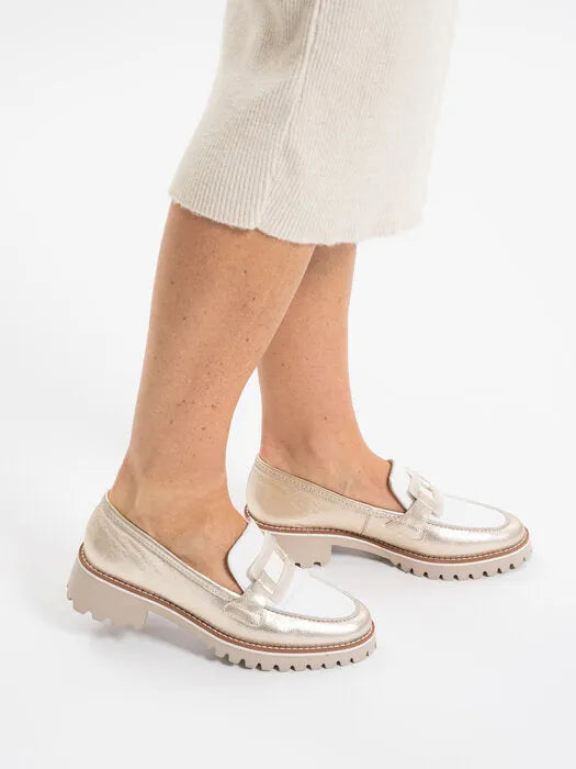 Ara Kent 2.0 Loafer – Cream & Gold Metallic with Chunky Sole - Leavys Shoes
