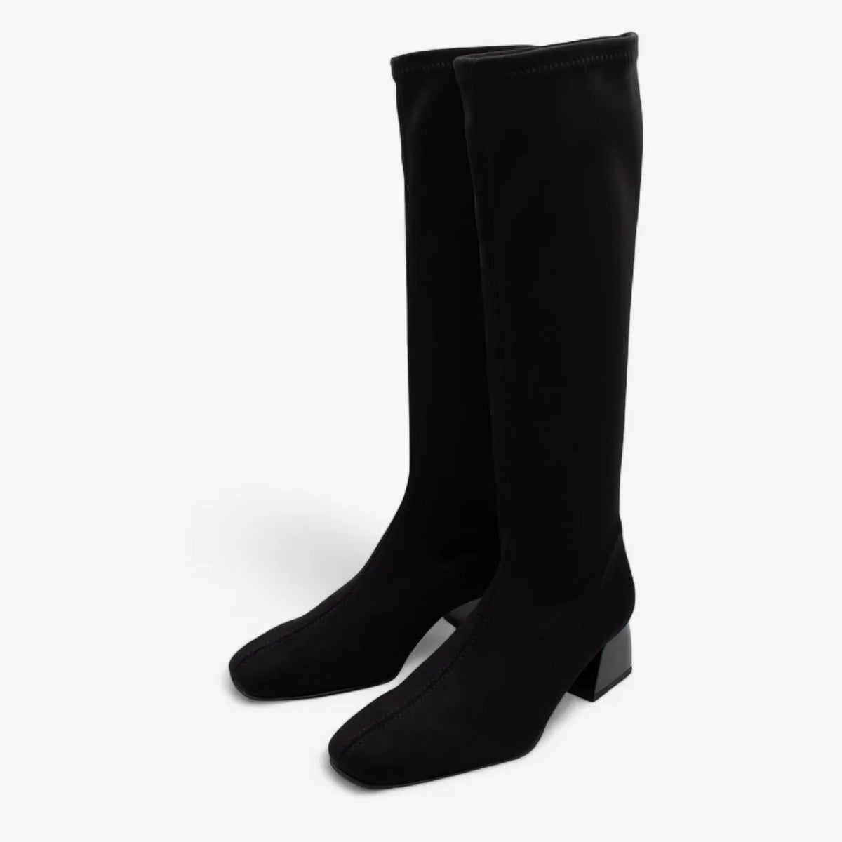 Black knee-high boots on a white background
