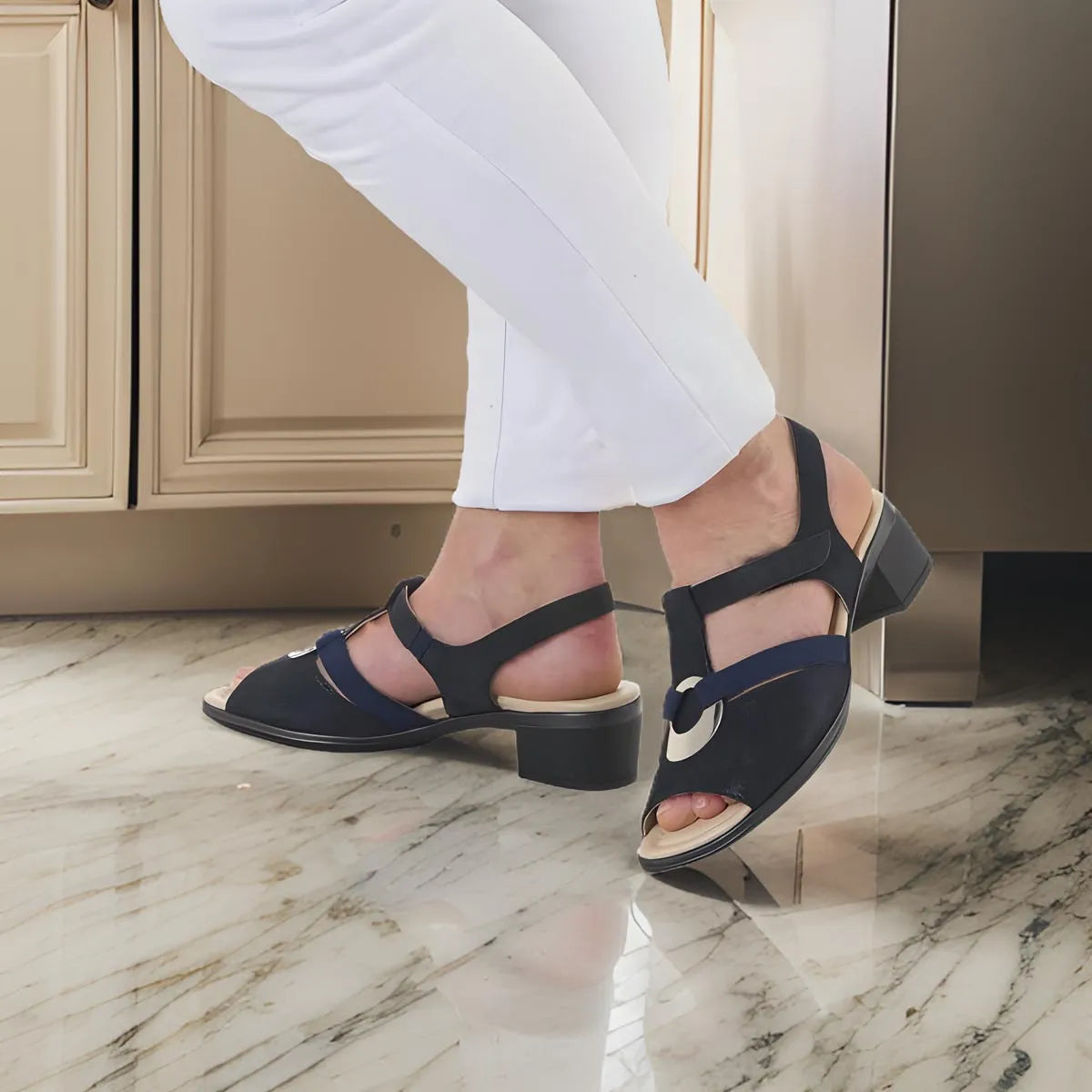 Ara Navy Sandals with Block Heel and Silver Detail - Leavys Shoes