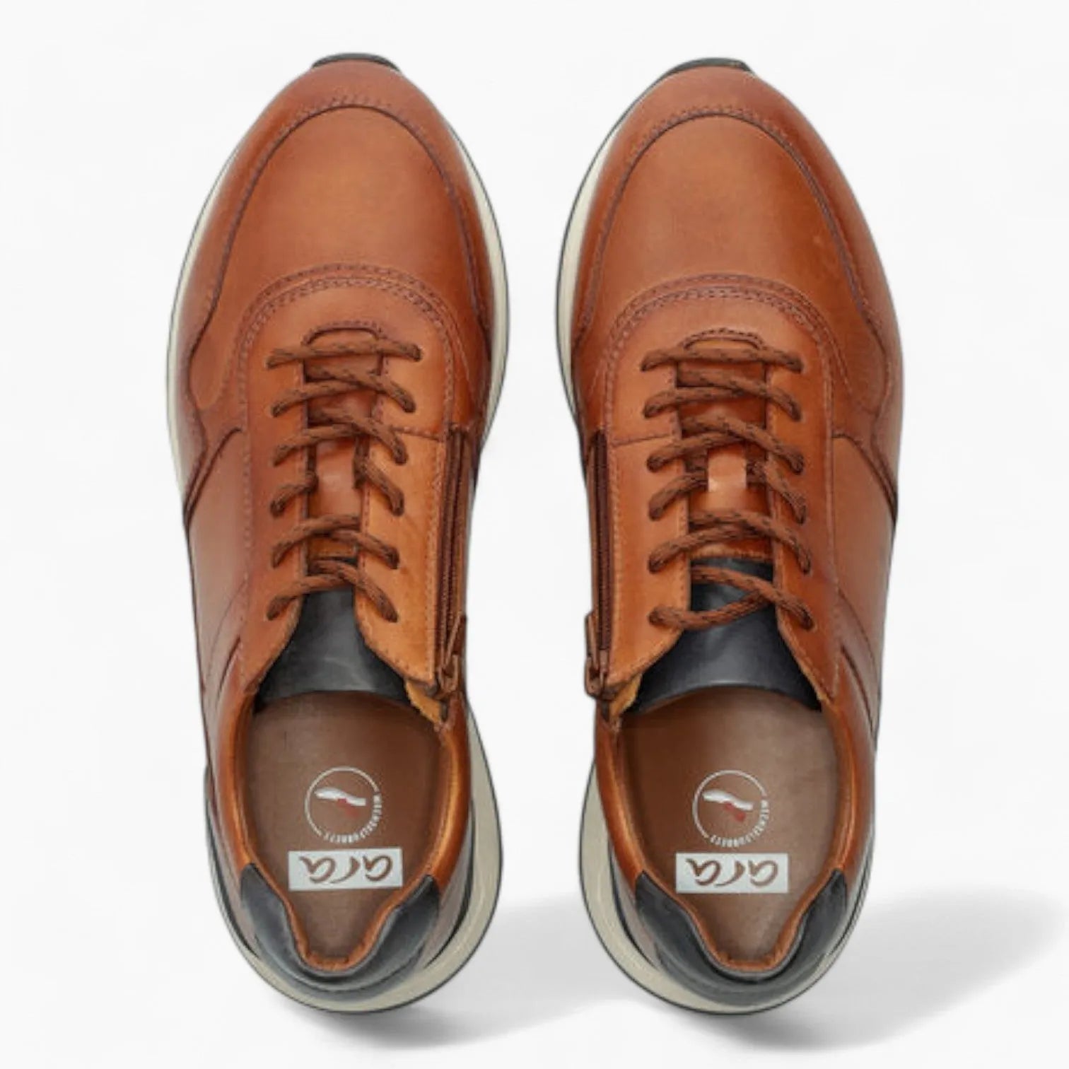 Ara Meo Cognac Men's Brown Leather Trainers – Wide Fit with Side Zip - Leavys Shoes