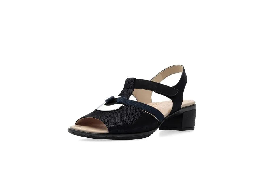 Ara Navy Sandals with Block Heel and Silver Detail - Leavys Shoes