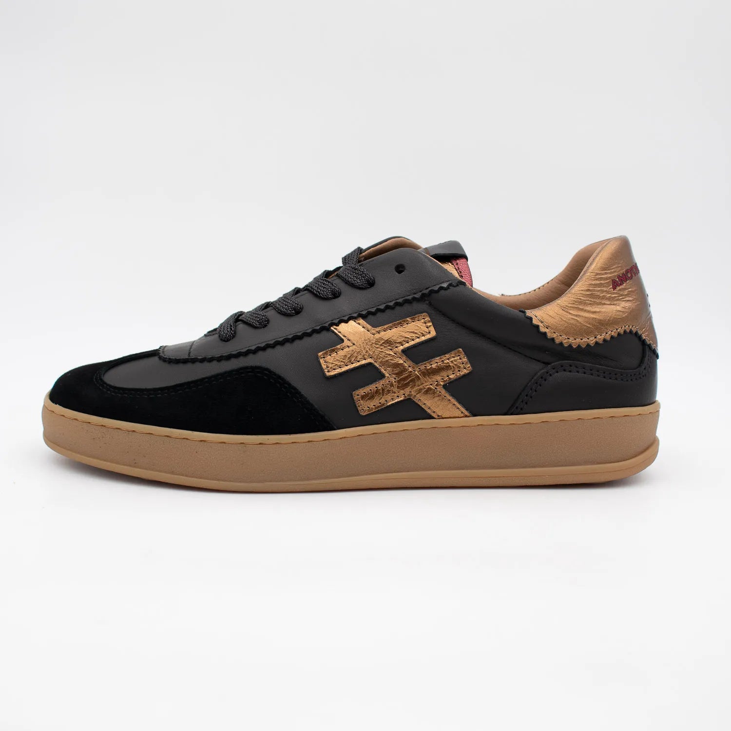 Another Trend KOMBA Black Leather Trainers with Metallic Gold Logo