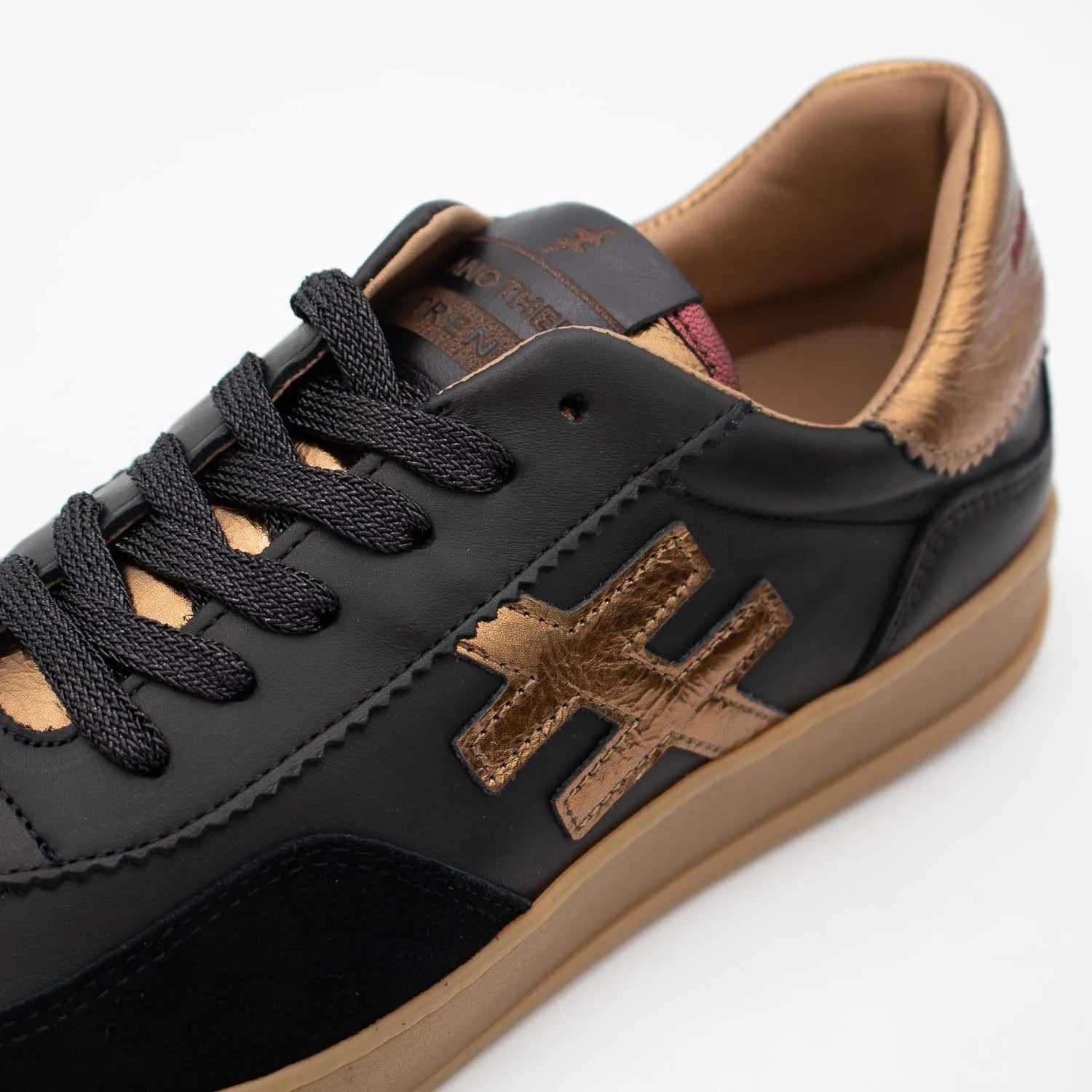 Another Trend KOMBA Black Leather Trainers with Metallic Gold Logo