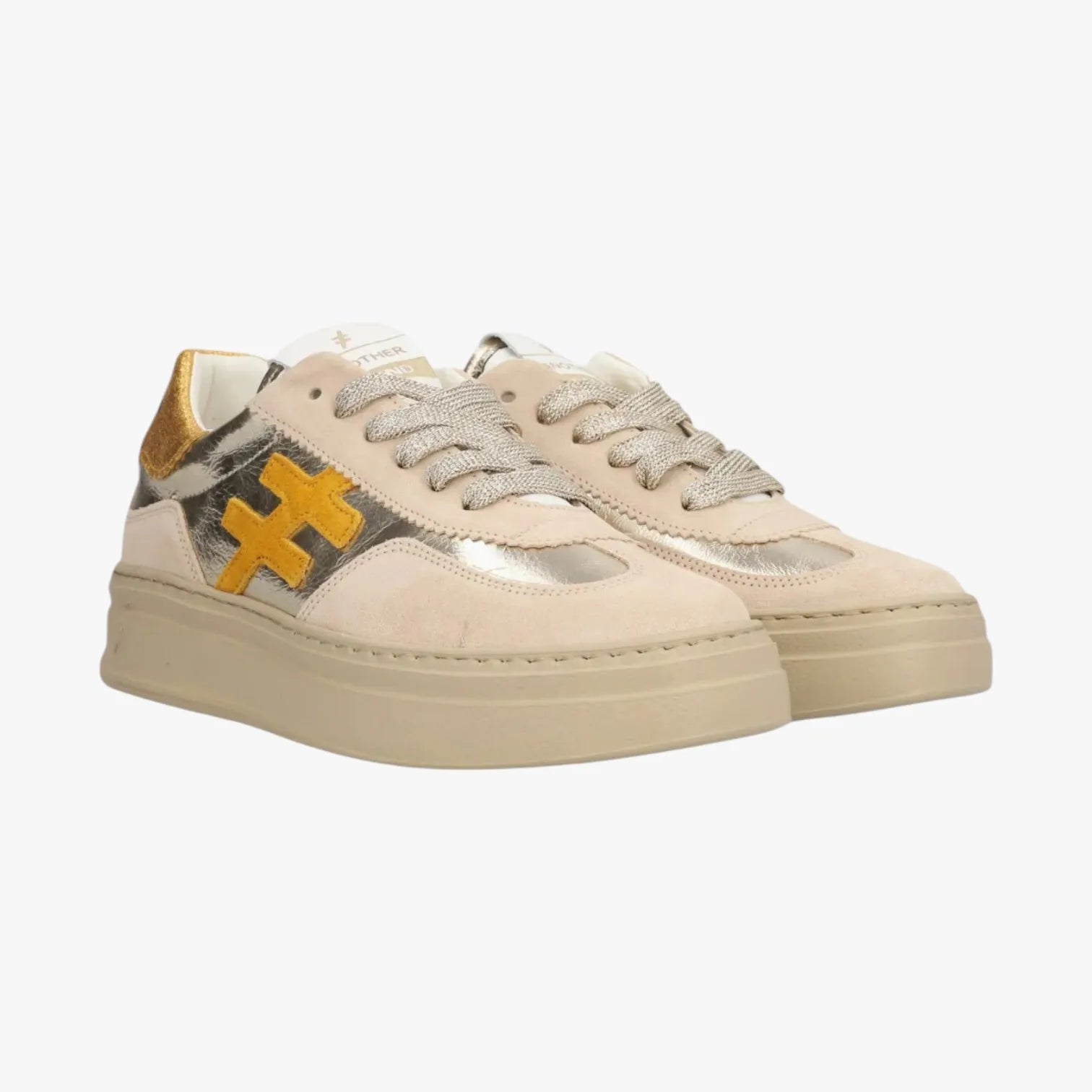 Beige sneakers with a yellow logo on a white background