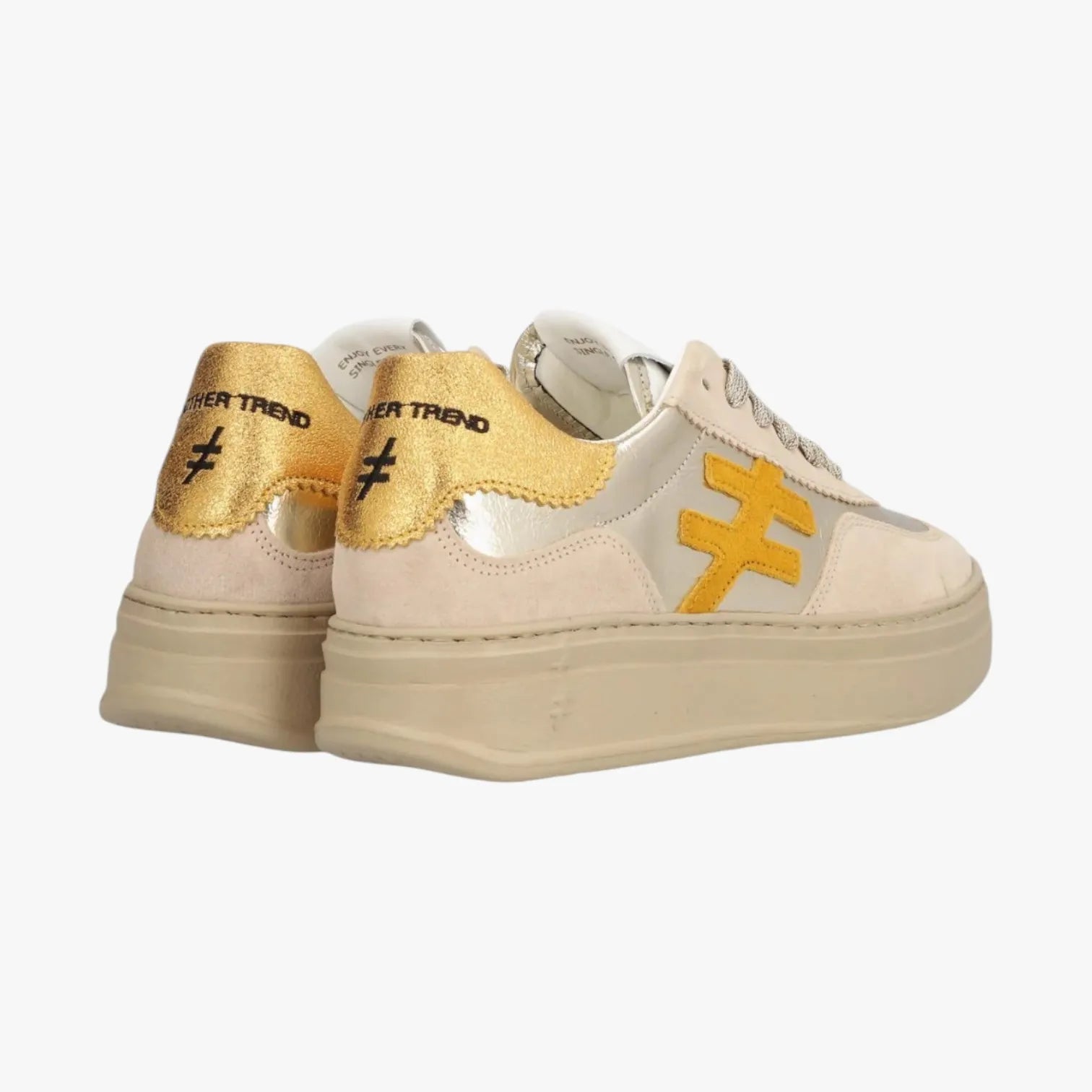 Beige sneakers with gold accents on a white background