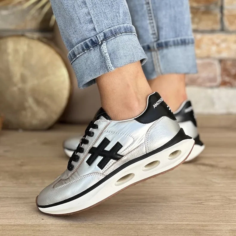 Another Trend Silver & Black Trainers with Aerated Sole - Leavys Shoes