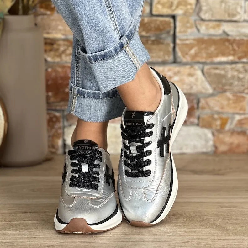 Another Trend Silver & Black Trainers with Aerated Sole - Leavys Shoes