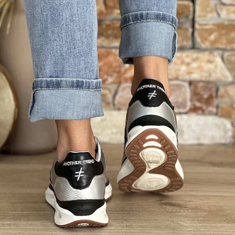 Another Trend Silver & Black Trainers with Aerated Sole - Leavys Shoes