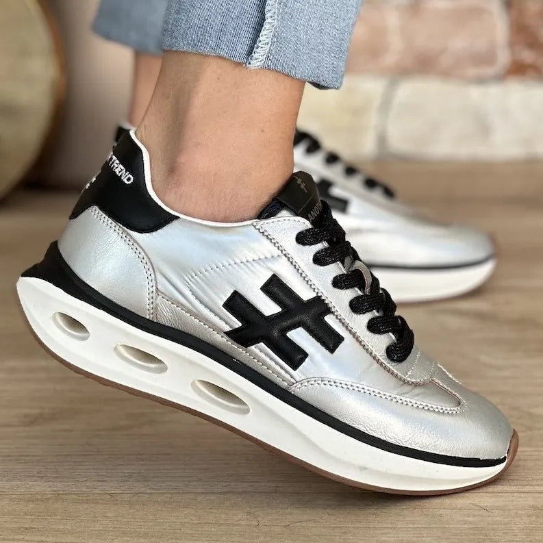 Another Trend Silver & Black Trainers with Aerated Sole - Leavys Shoes
