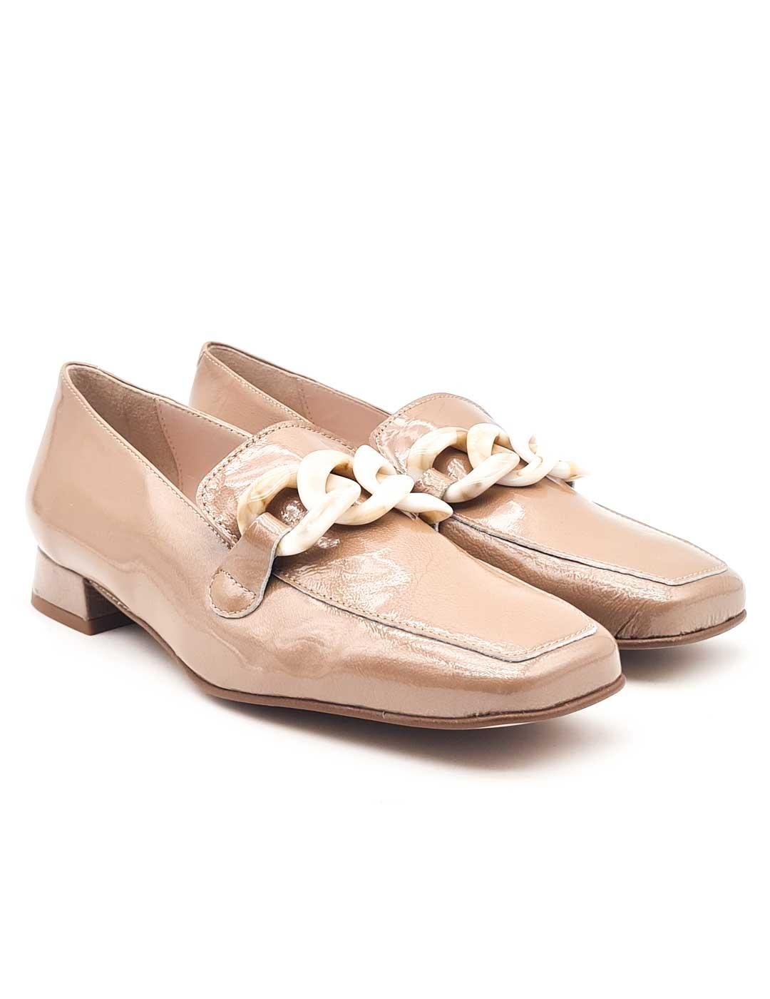  Jose Saenz taupe patent leather moccasins with elegant chain detail.