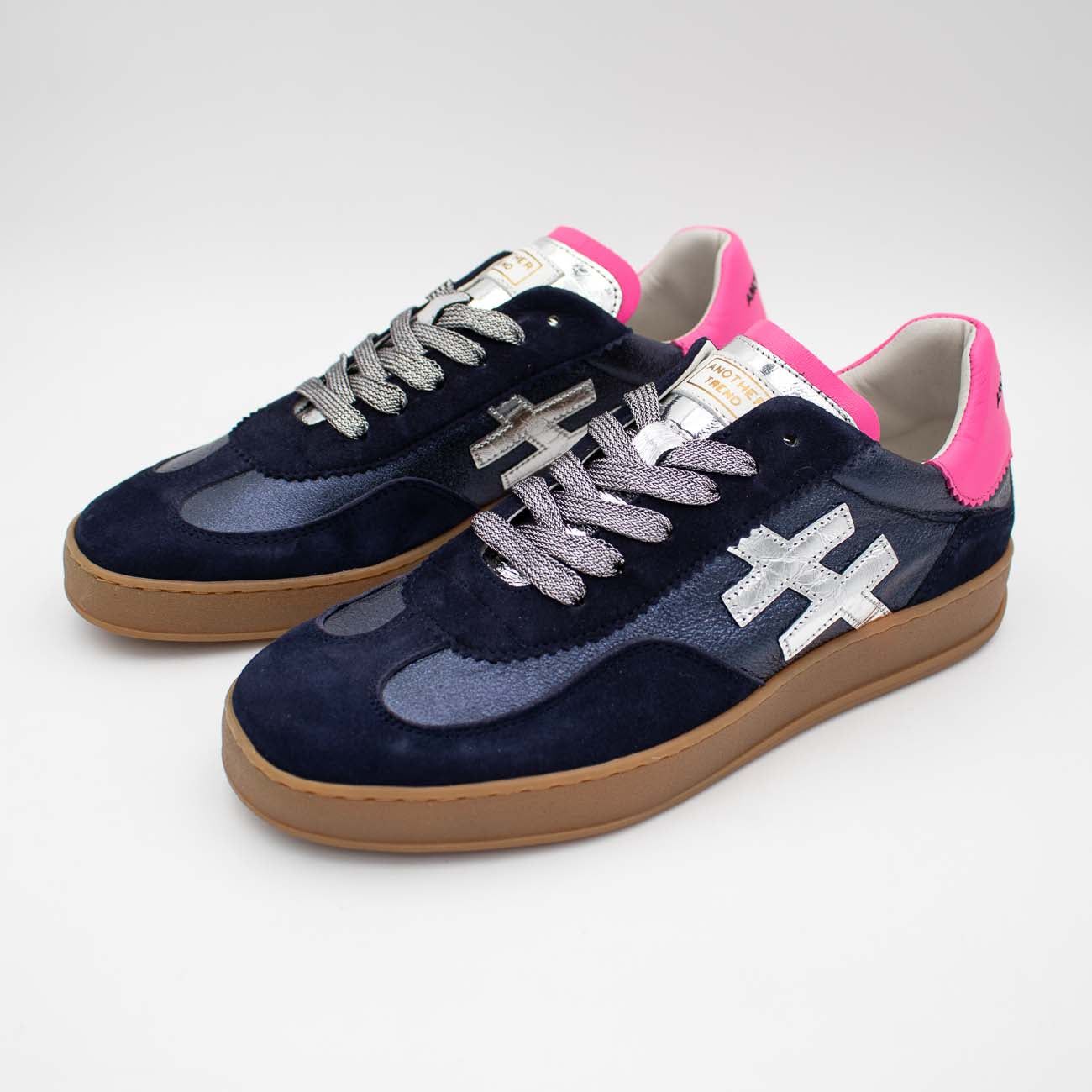 Another Trend Iconic II Navy Leather Trainer with Pink Detail