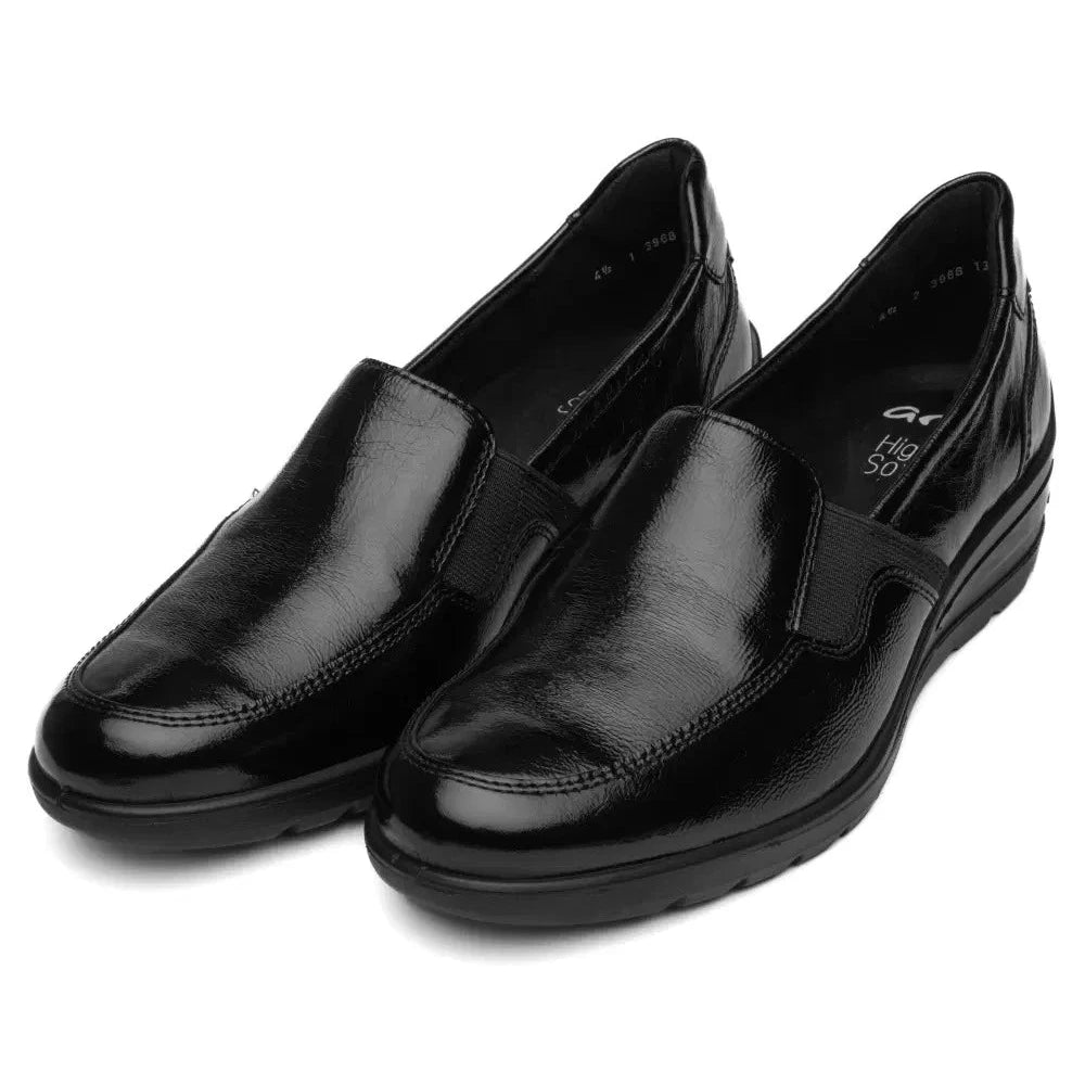Ara Zürich Black Patent Wide Fit Wedge Loafers