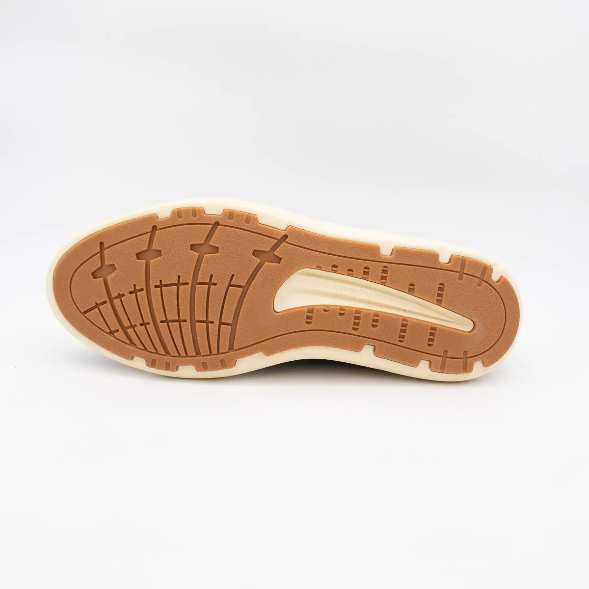 Brown sole of a shoe with a white logo on a light grey background