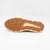 Brown sole of a shoe with a white logo on a light grey background