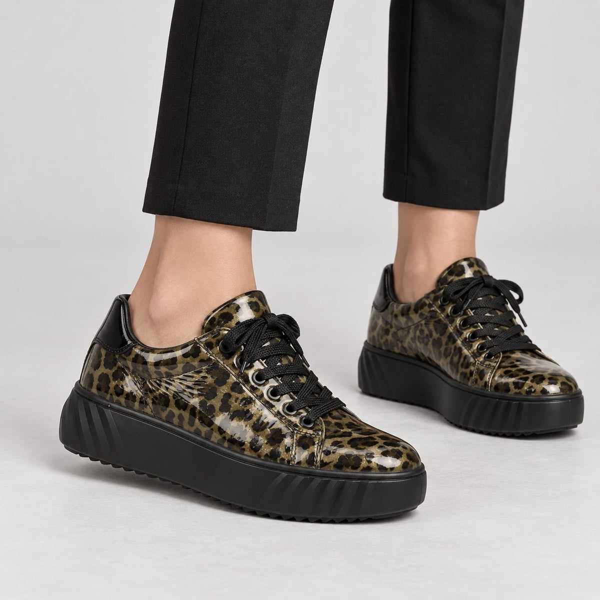 Ara Monaco Olive Leopard Wide Fit Platform Trainers