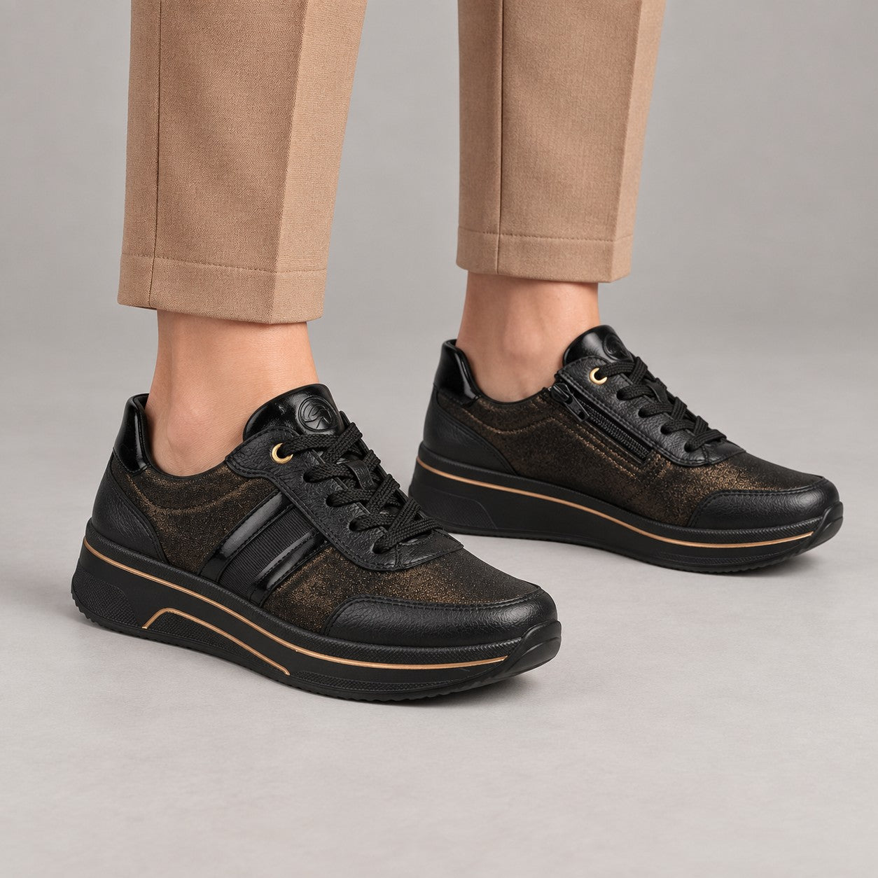 Ara Sapporo Black Bronze Wide Fit Trainer with Zip