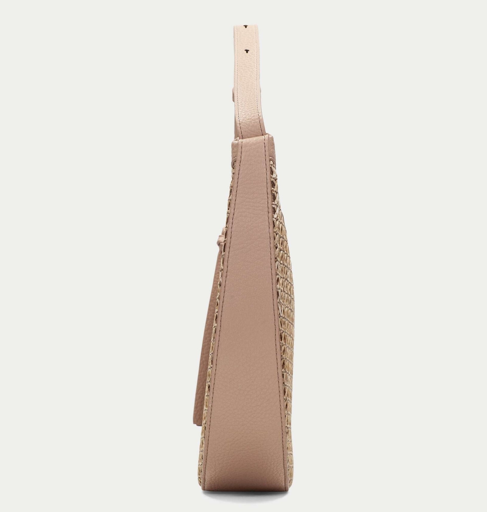 Beige handbag with lace detailing on a light beige background