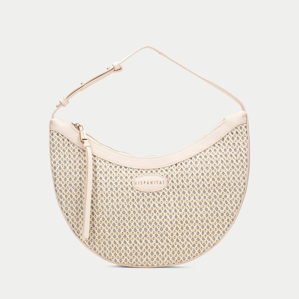 Beige handbag with a textured pattern on a white background