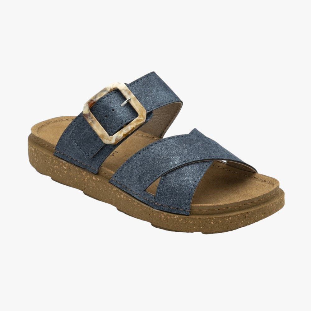 Lotus Blue Comino Mule Sandals with Tortoise Buckle