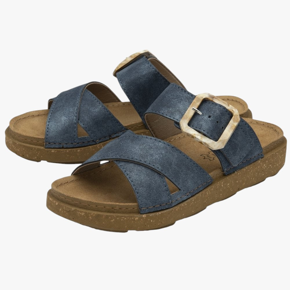 Lotus Blue Comino Mule Sandals with Tortoise Buckle