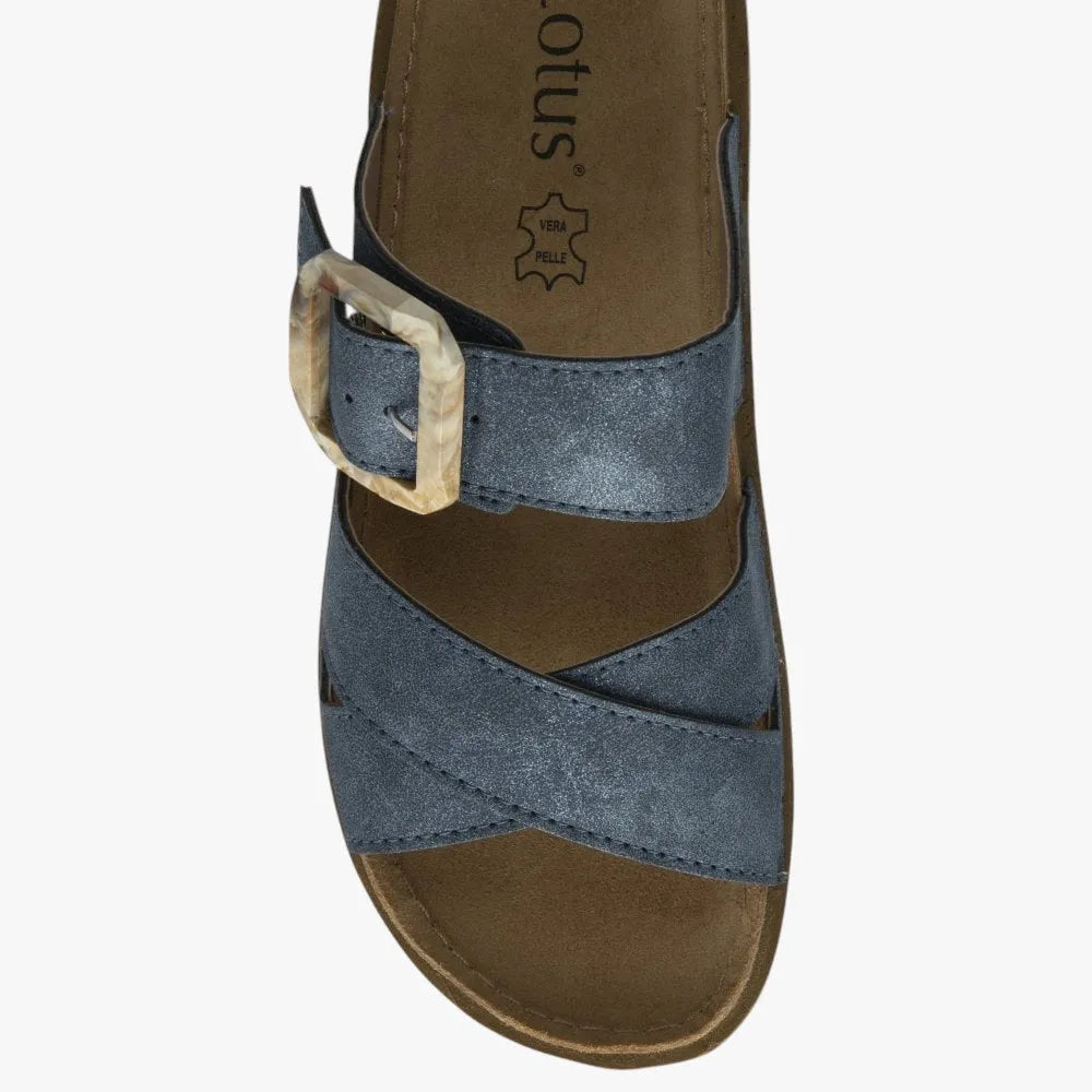 Lotus Blue Comino Mule Sandals with Tortoise Buckle
