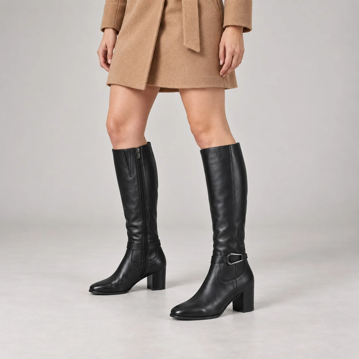 Caprice Black Leather Block Heel Knee-High Boots