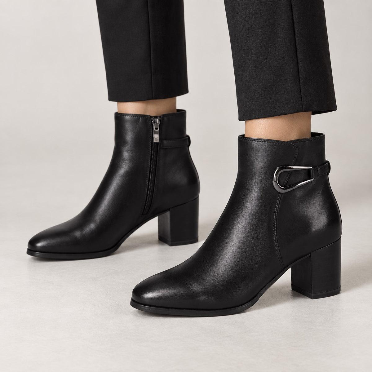 Caprice Black Leather Buckle Detail Ankle Boots