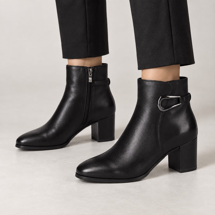 Caprice Black Leather Buckle Detail Ankle Boots