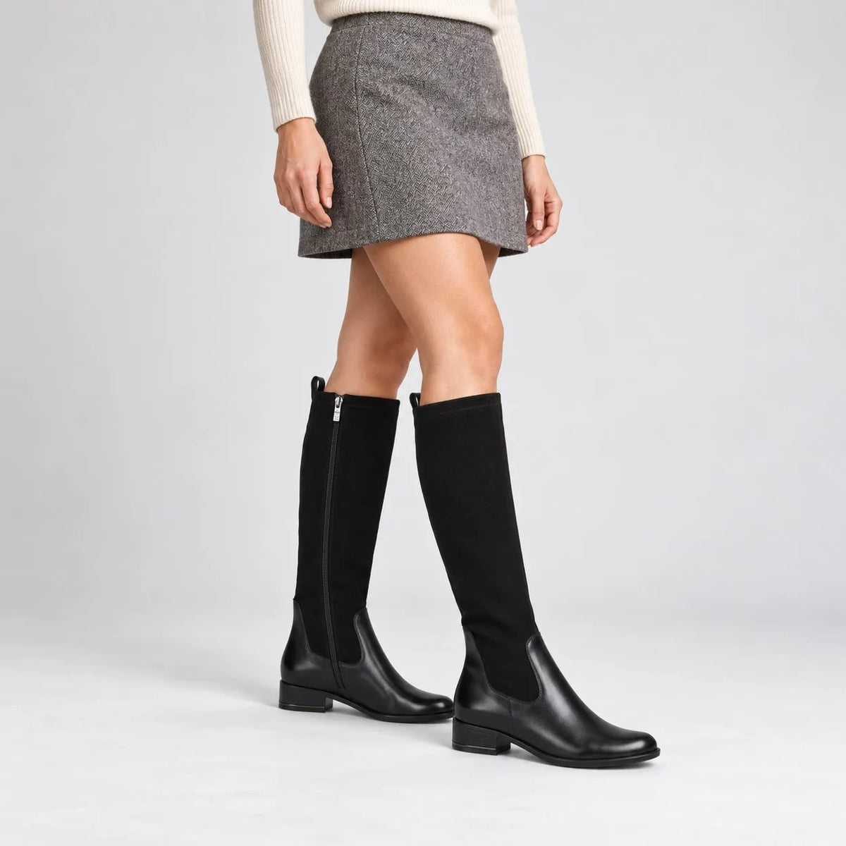 Caprice Black Leather &amp; Stretch Knee-High Boots