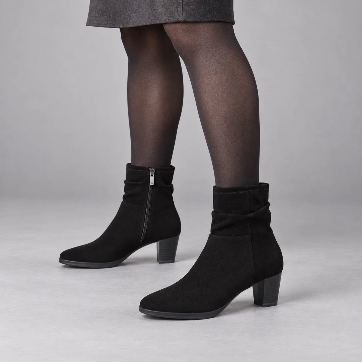 Caprice Black Stretch Block Heel Ankle Boots