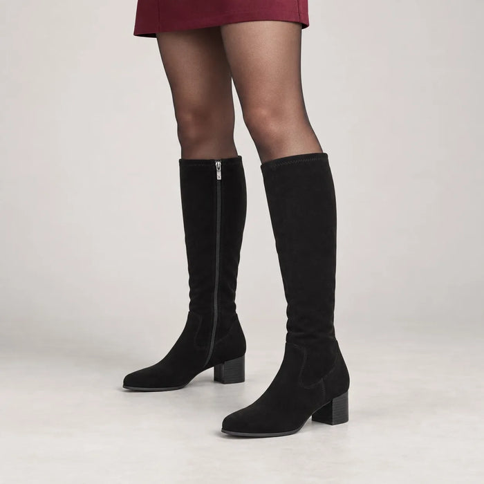 Caprice Black Stretch Block Heel Knee-High Boots