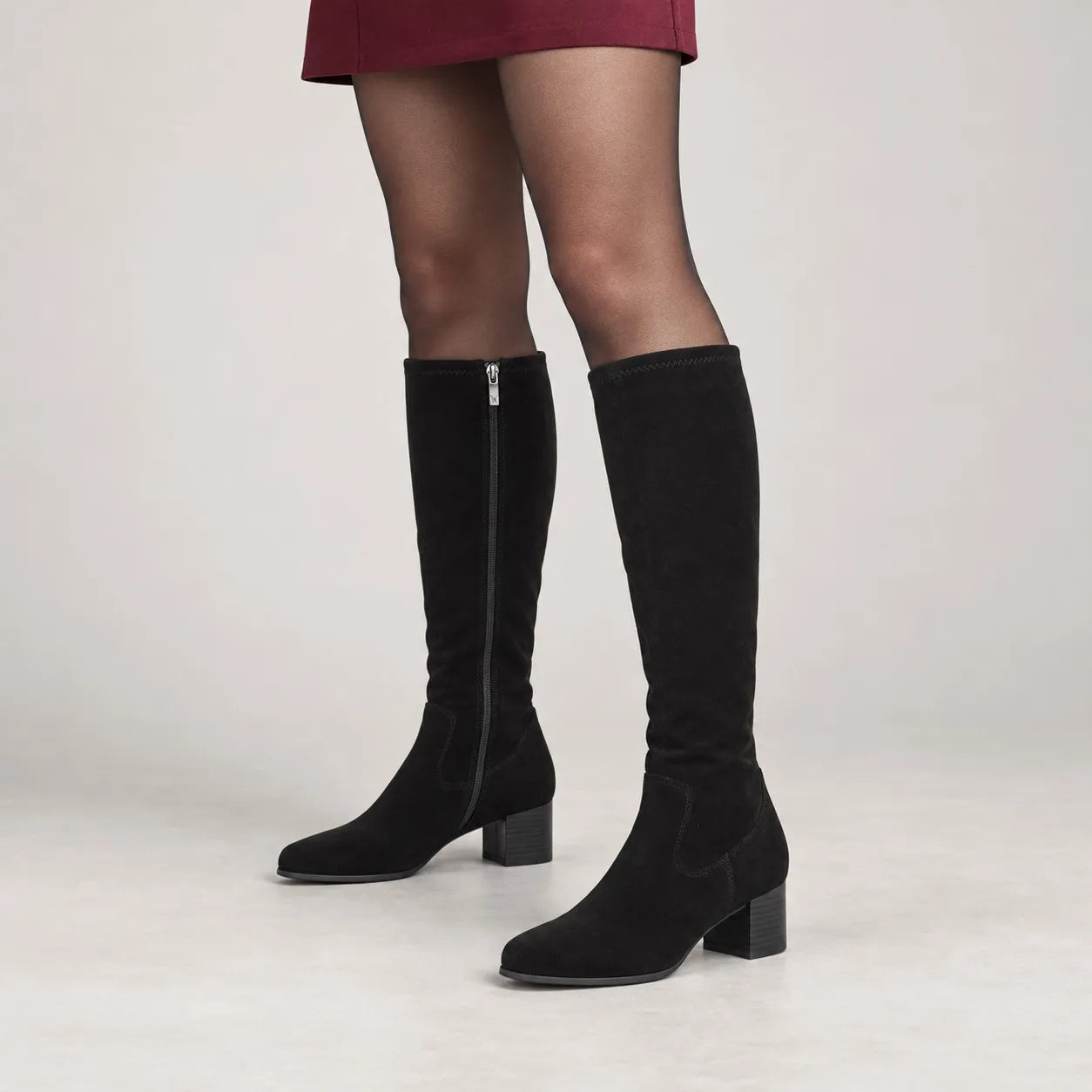 Caprice Black Stretch Block Heel Knee-High Boots