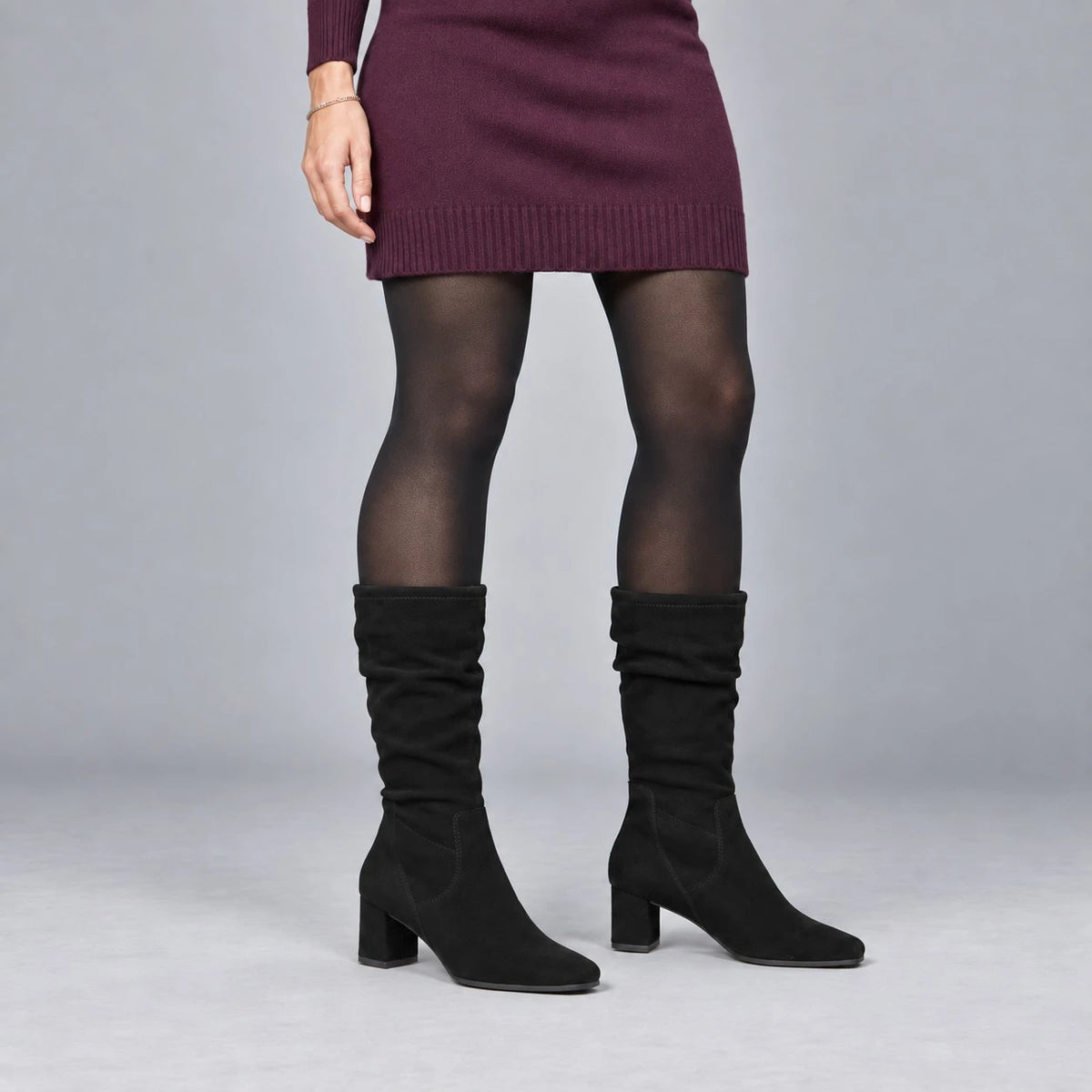 Caprice Black Stretch Mid-Calf Block Heel Boots