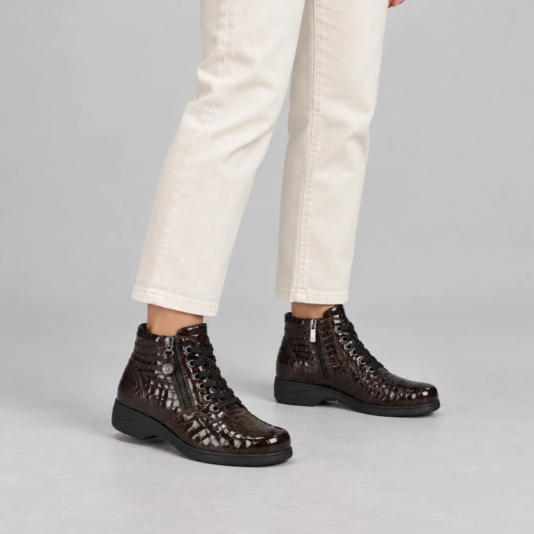 Caprice Brown Croc Wide Fit Double Zip Ankle Boots