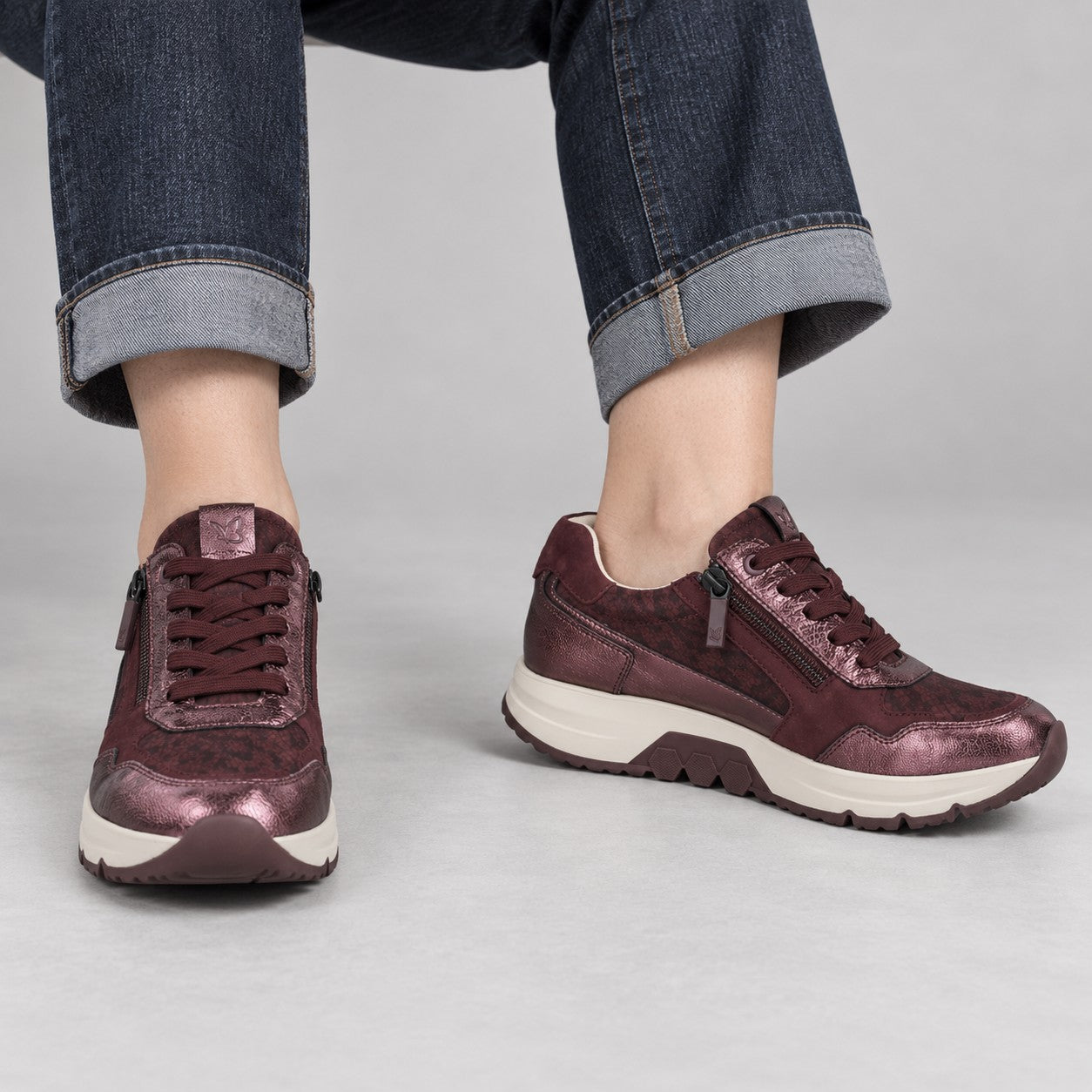 Caprice Burgundy Leather Wide Fit RollMotion Trainers