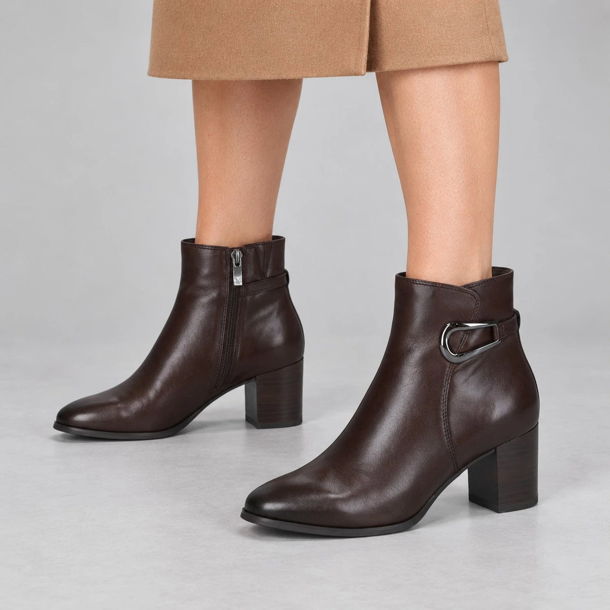 Caprice Dark Brown Leather Block Heel Ankle Boots