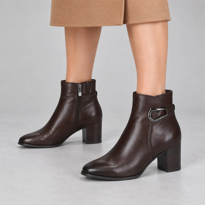 Caprice Dark Brown Leather Block Heel Ankle Boots