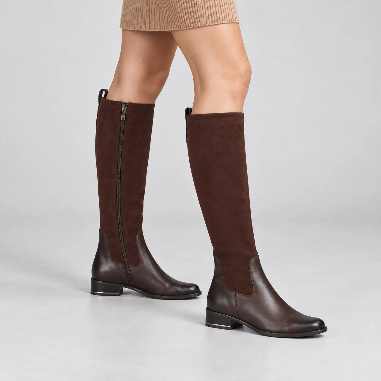 Caprice Dark Brown Leather & Stretch Knee-High Boots