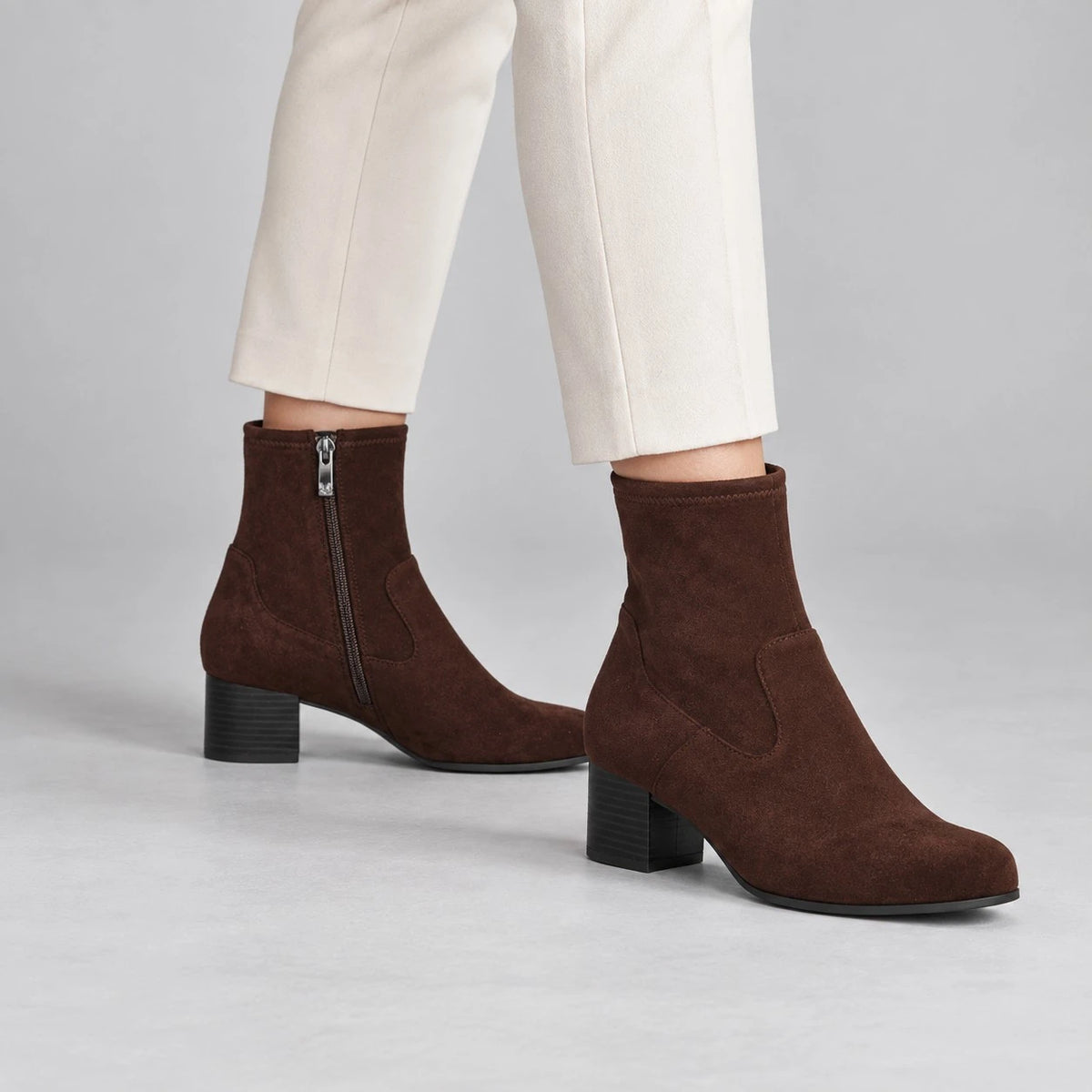 Caprice Dark Brown Stretch Block Heel Ankle Boots