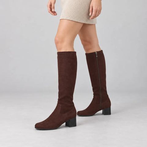Caprice Dark Brown Stretch Block Heel Knee-High Boots