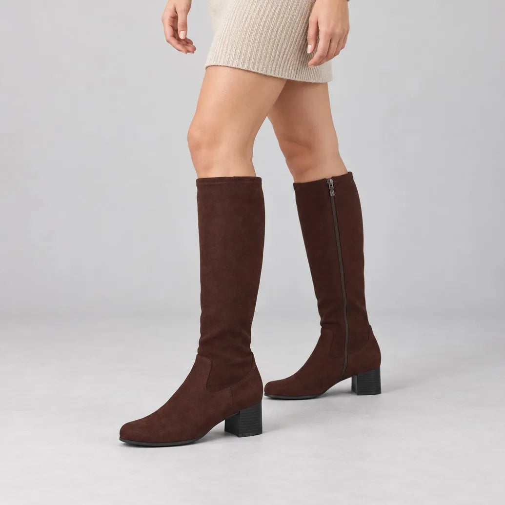 Caprice Dark Brown Stretch Block Heel Knee-High Boots