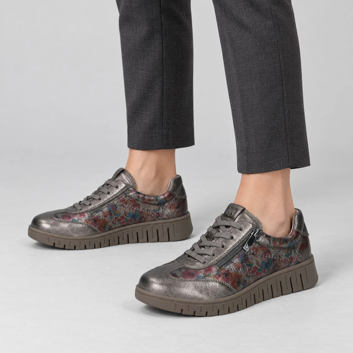 Caprice Pewter Floral Wide Fit Leather Trainers