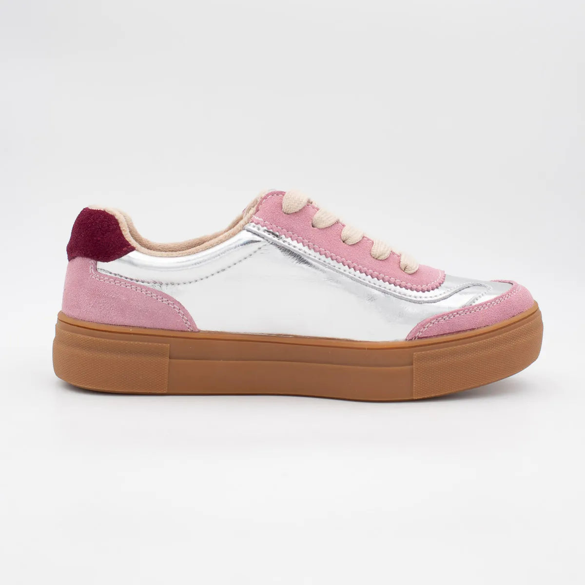 White sneaker with pink and maroon accents on a white background