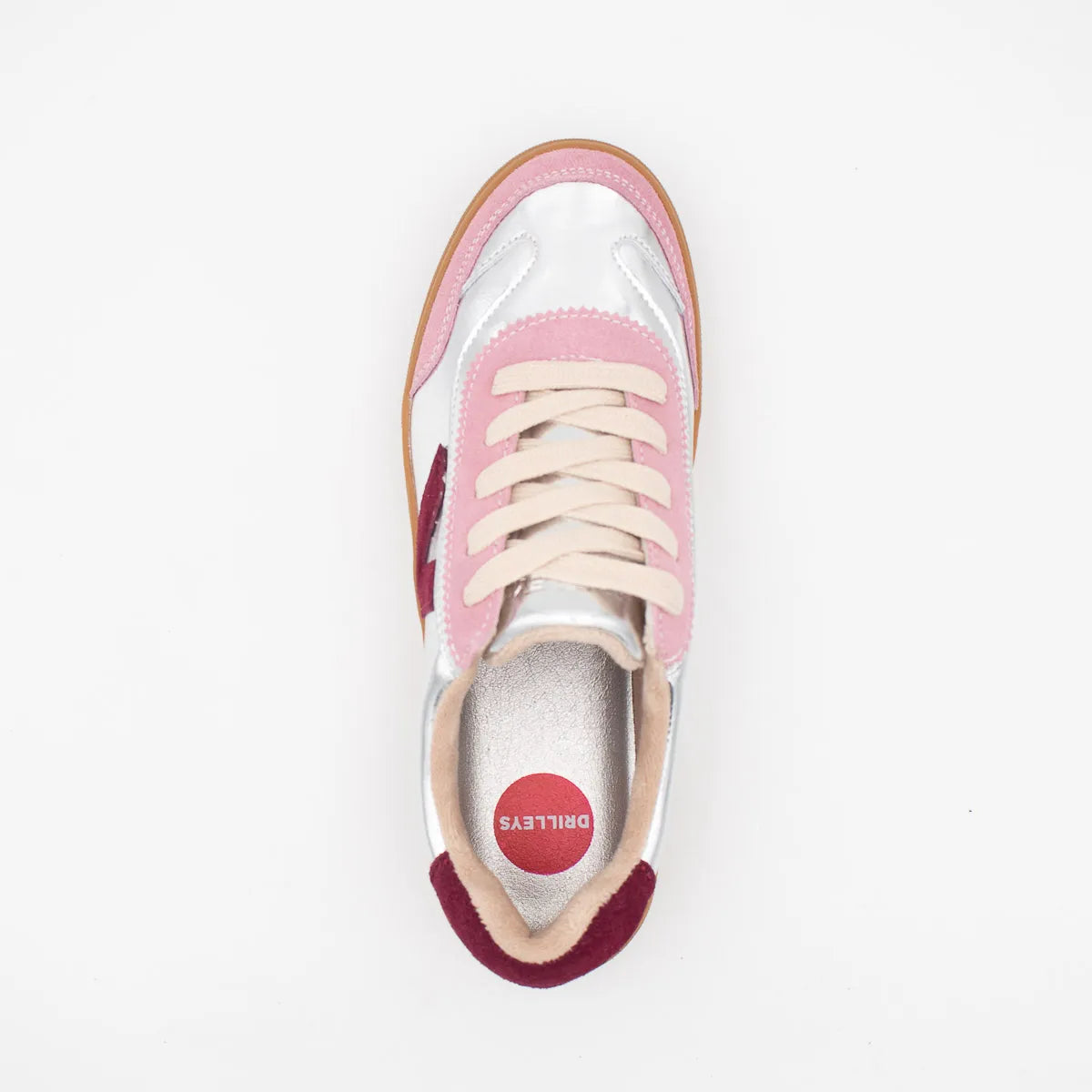Pink and white sneaker with maroon accents on a light gray background