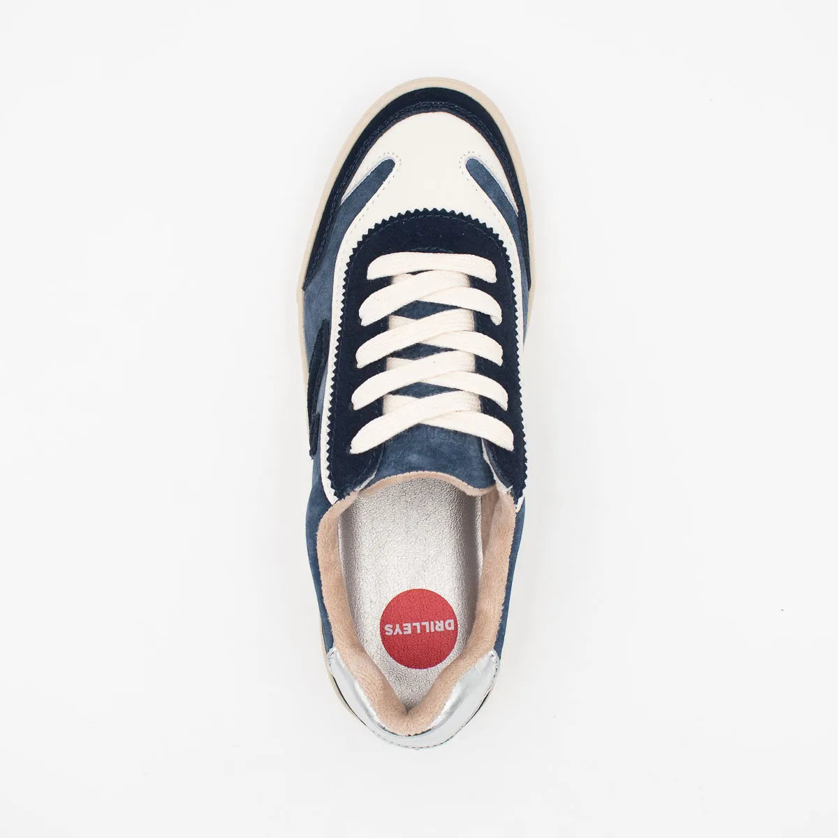 Navy and white sneaker with a visible brand logo on a white background