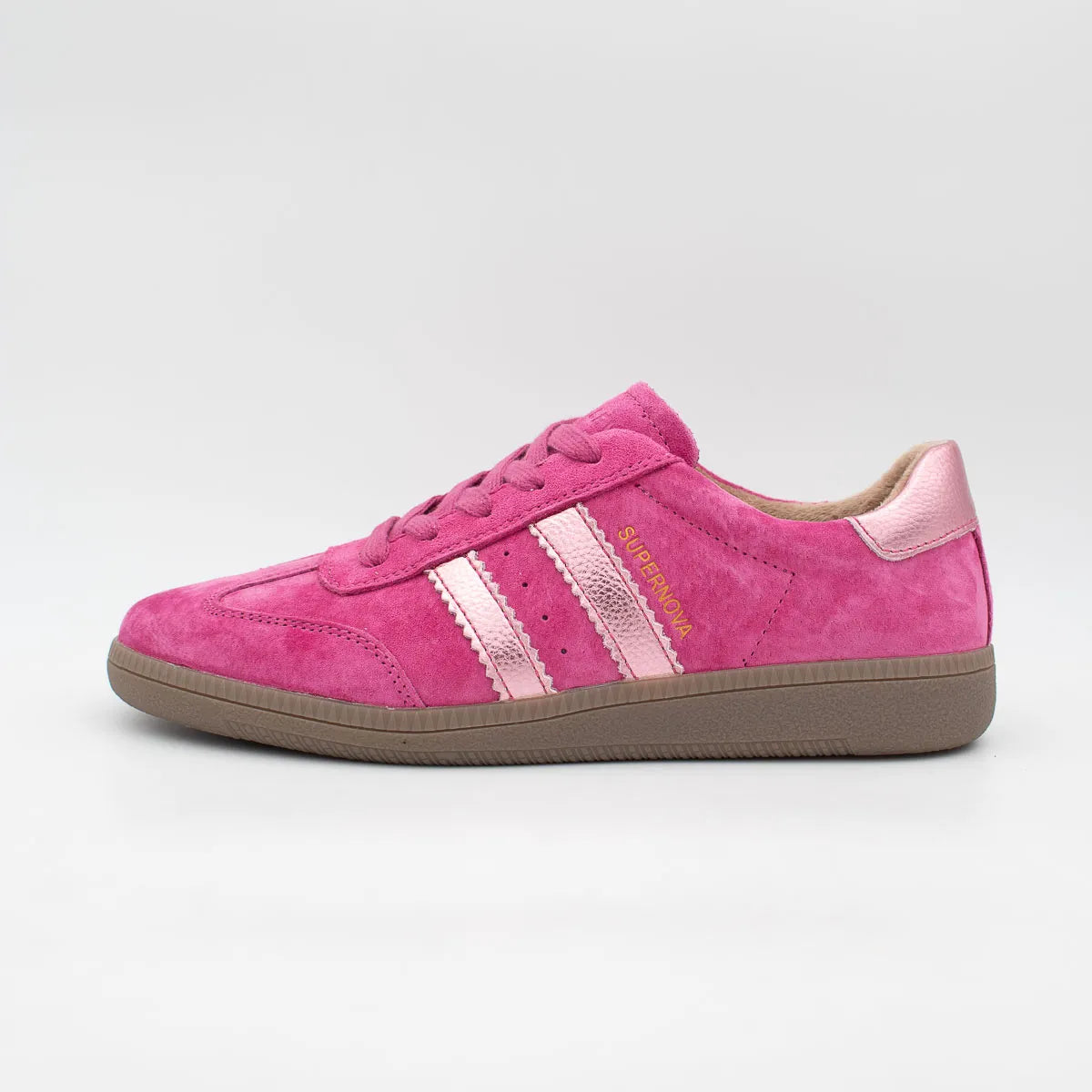 Pink sneaker with white stripes on a light gray background